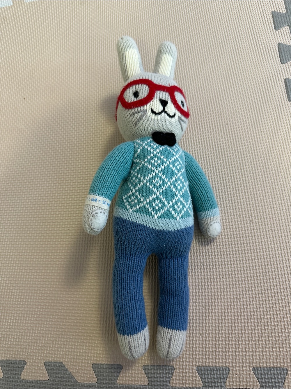 Plush Knit Bunny Toy with Red Glasses - cuddle + kind
